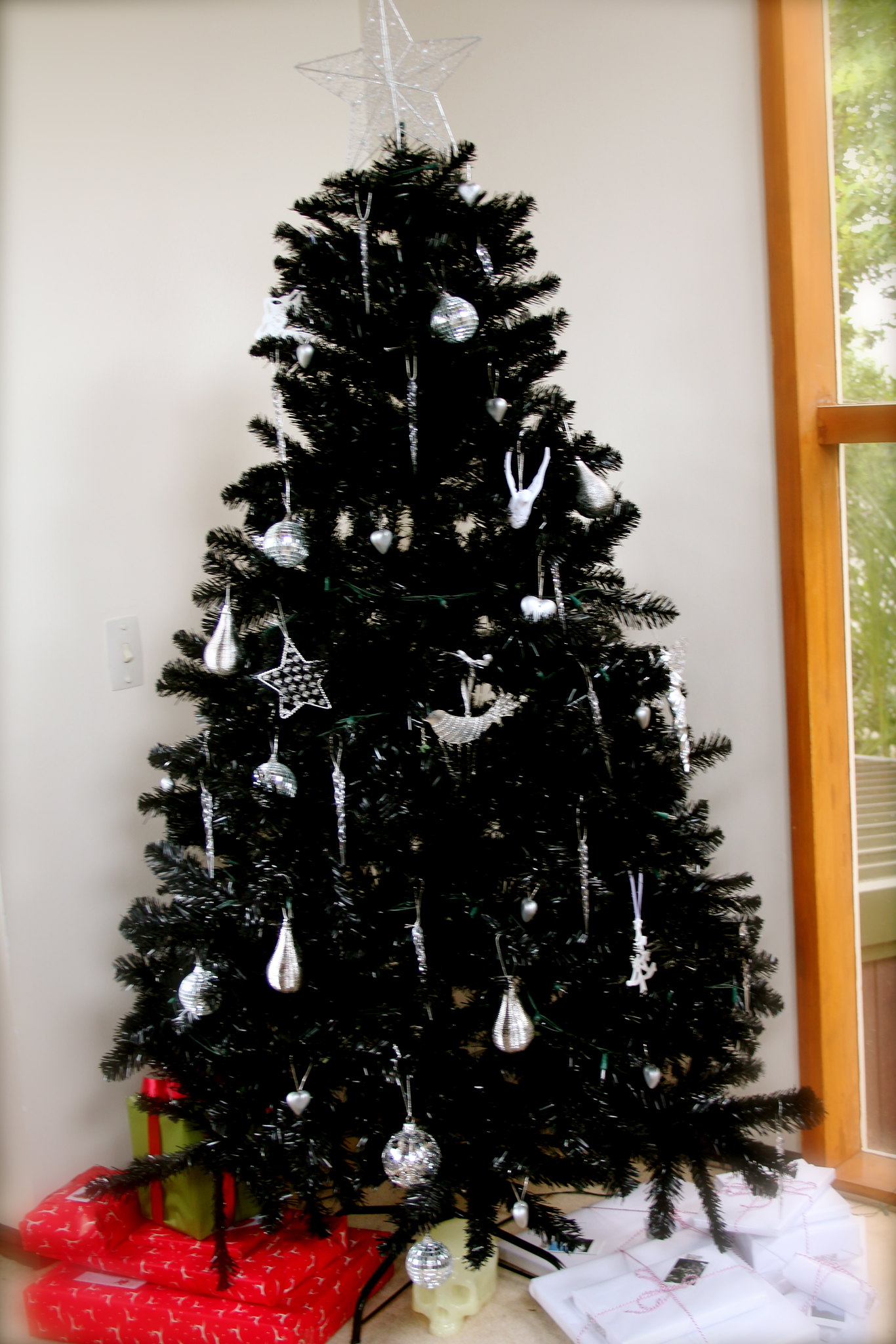 black tree with ornaments