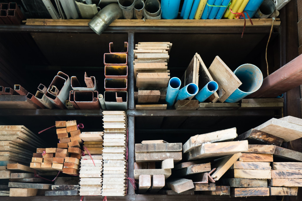 Construction materials for sale on a store shelf.